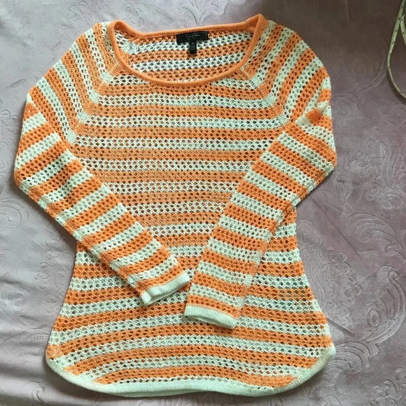 Jessica Simpson orange and white striped fishnet  knit sweater Sz M - Picture 3 of 7